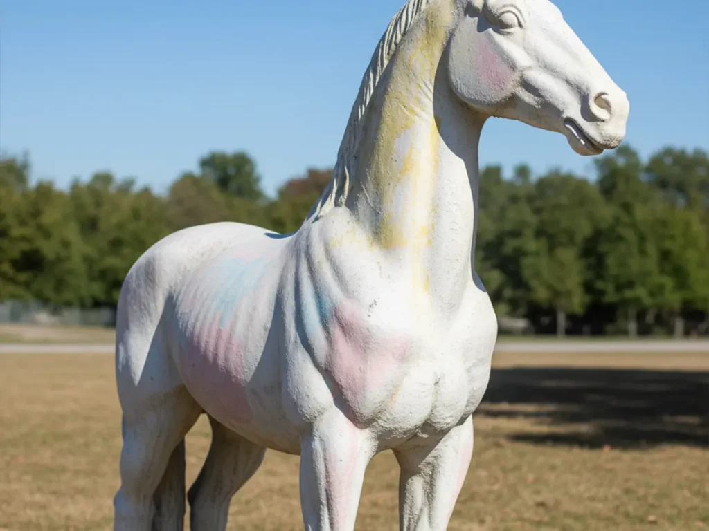 Fiberglass horse statue outdoors with visible UV fading and surface aging over time