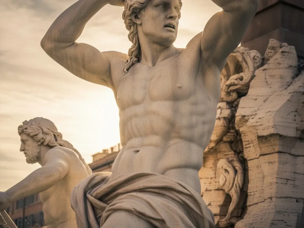 Detailed marble sculpture of muscular river god in Bernini style fountain replica with dramatic baroque anatomy and deep carving