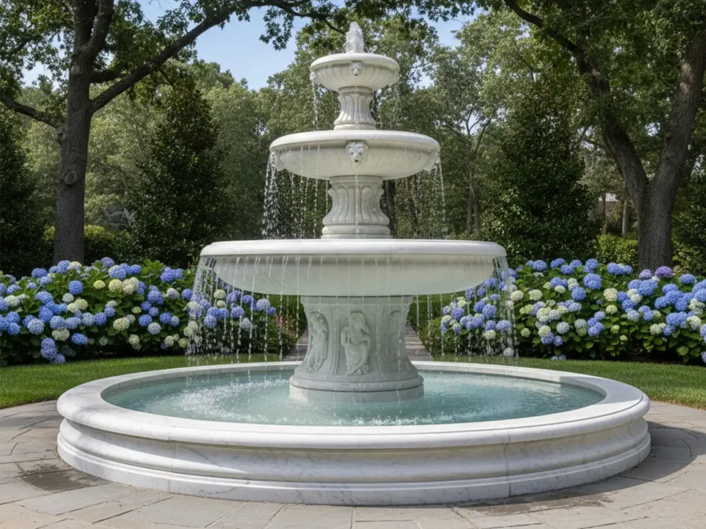 fully installed large stone fountain running even water flow