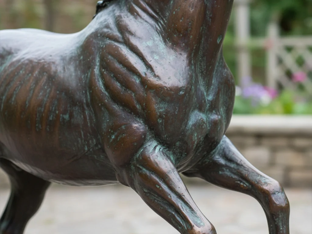 Close-up detail of a galloping bronze horse statue showing muscle definition created by lost wax casting.