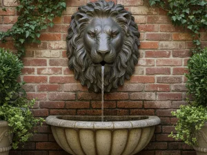 Silicon bronze lion head garden wall fountain mounted on a brick courtyard wall with ivy, creating a classic European patio focal point.