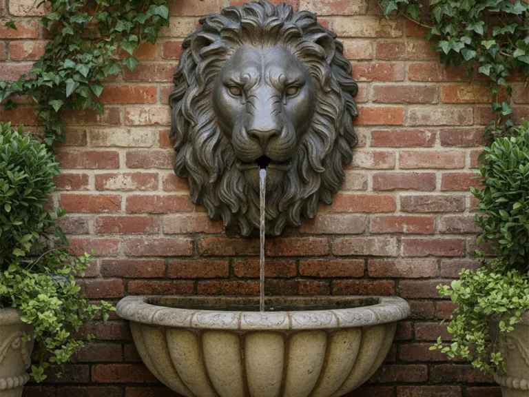 Silicon bronze lion head garden wall fountain mounted on a brick courtyard wall with ivy, creating a classic European patio focal point.