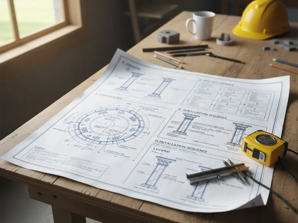 Gazebo foundation engineering drawing showing anchor bolt layout and concrete pad specifications