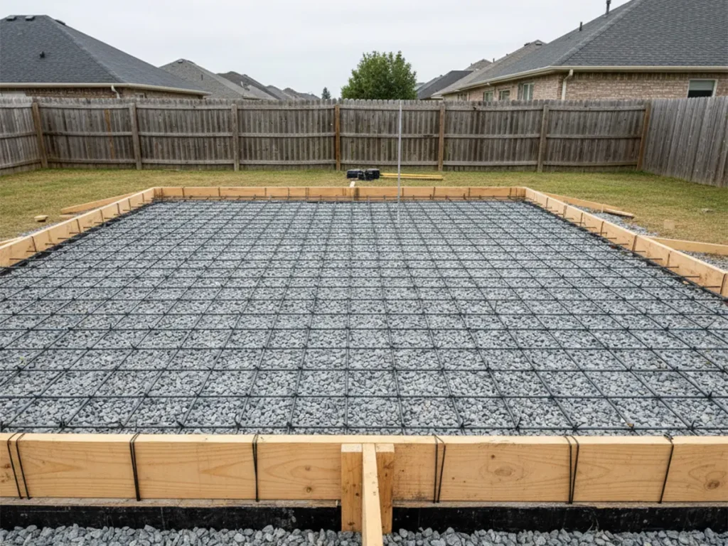 Reinforced concrete pad with steel rebar grid prepared as a structural gazebo foundation before installing a heavy stone gazebo