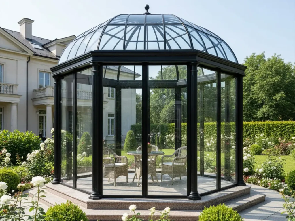 Black steel glass gazebo with single tempered glass panels illustrating mid range gazebo price option