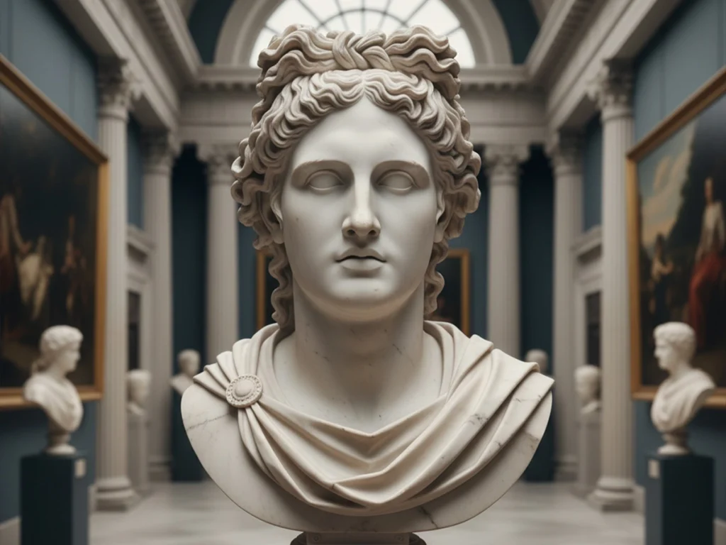 Greek Apollo marble bust sculpture representing classical masculine beauty