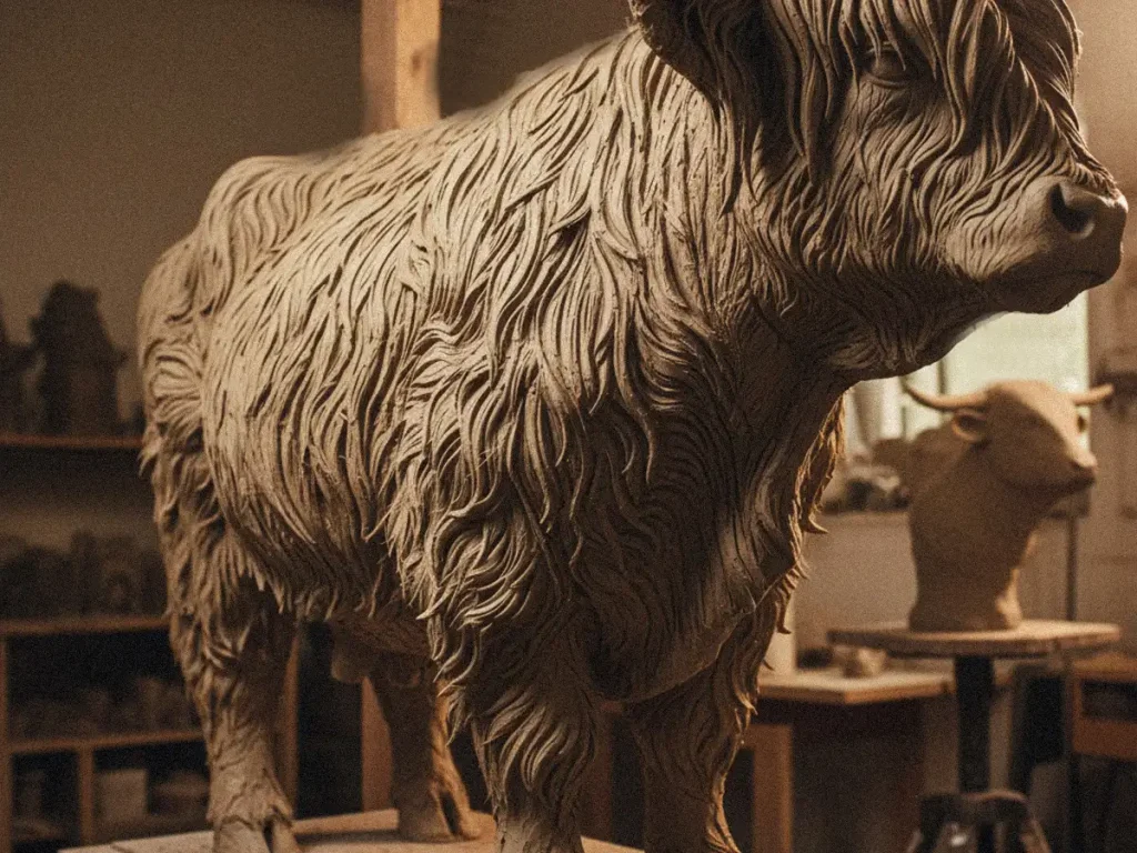 Artist sculpting a Highland cow statue in clay showing hand carved realistic fur strand details in a professional sculpture studio

