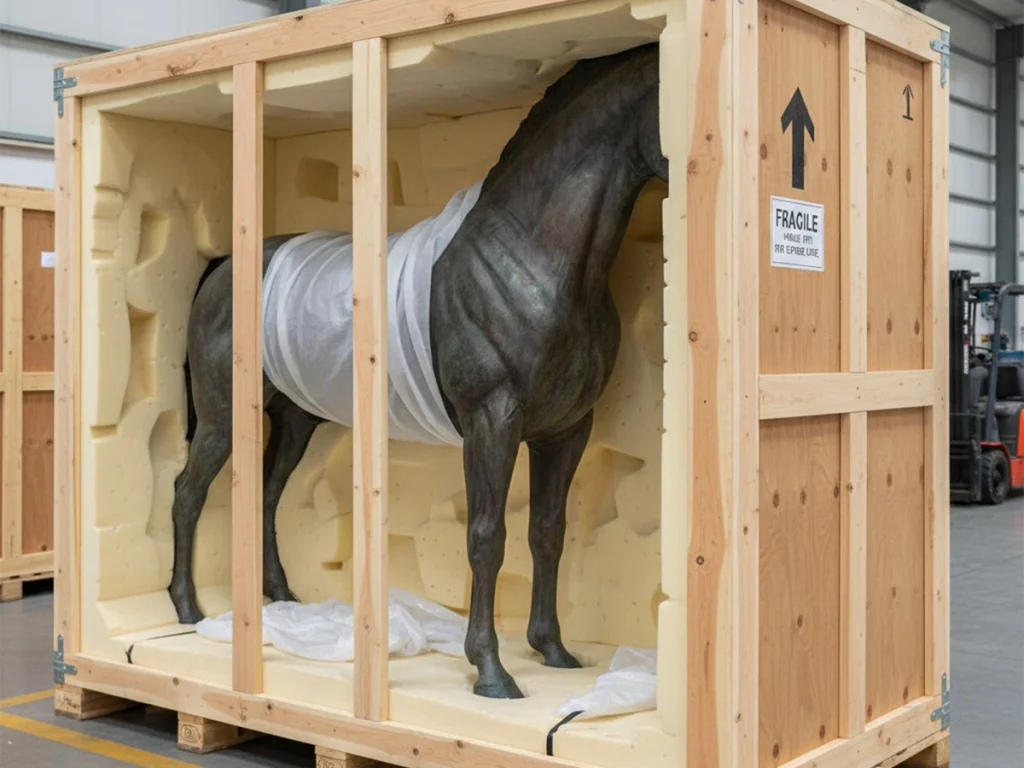 Life-size horse sculpture inside thick wooden crate with foam padding, showing export shipping protection