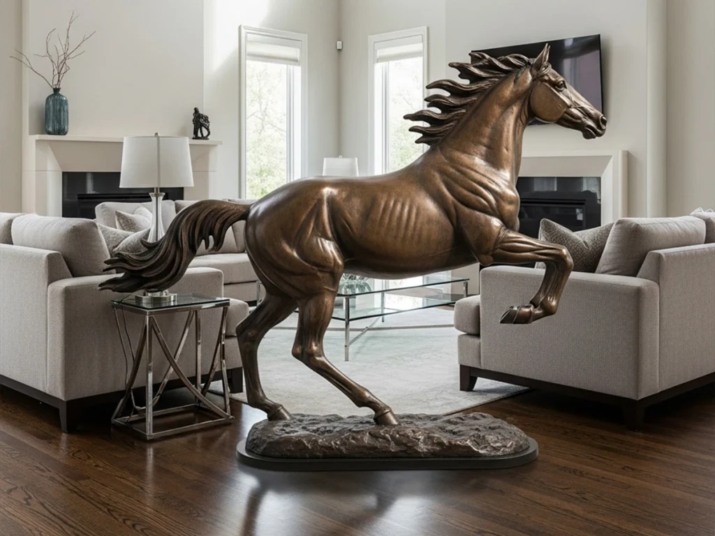 Bronze horse statue positioned facing inward in modern living room