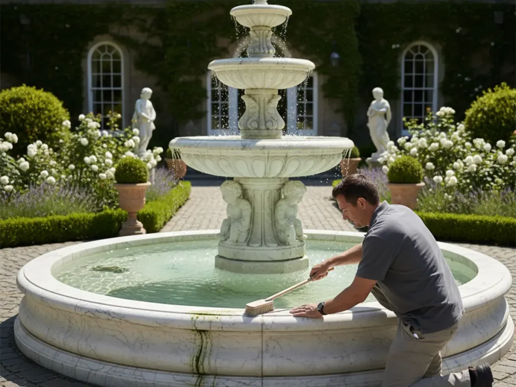 Technician gently brushing algae from a luxury marble outdoor fountain basin during summer maintenance, safe fountain algae control method without bleach.