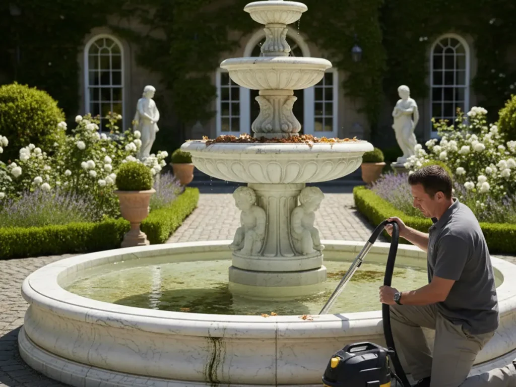 Using a shop vacuum to fully drain a marble outdoor fountain basin as the first step in how to winterize outdoor fountain systems.