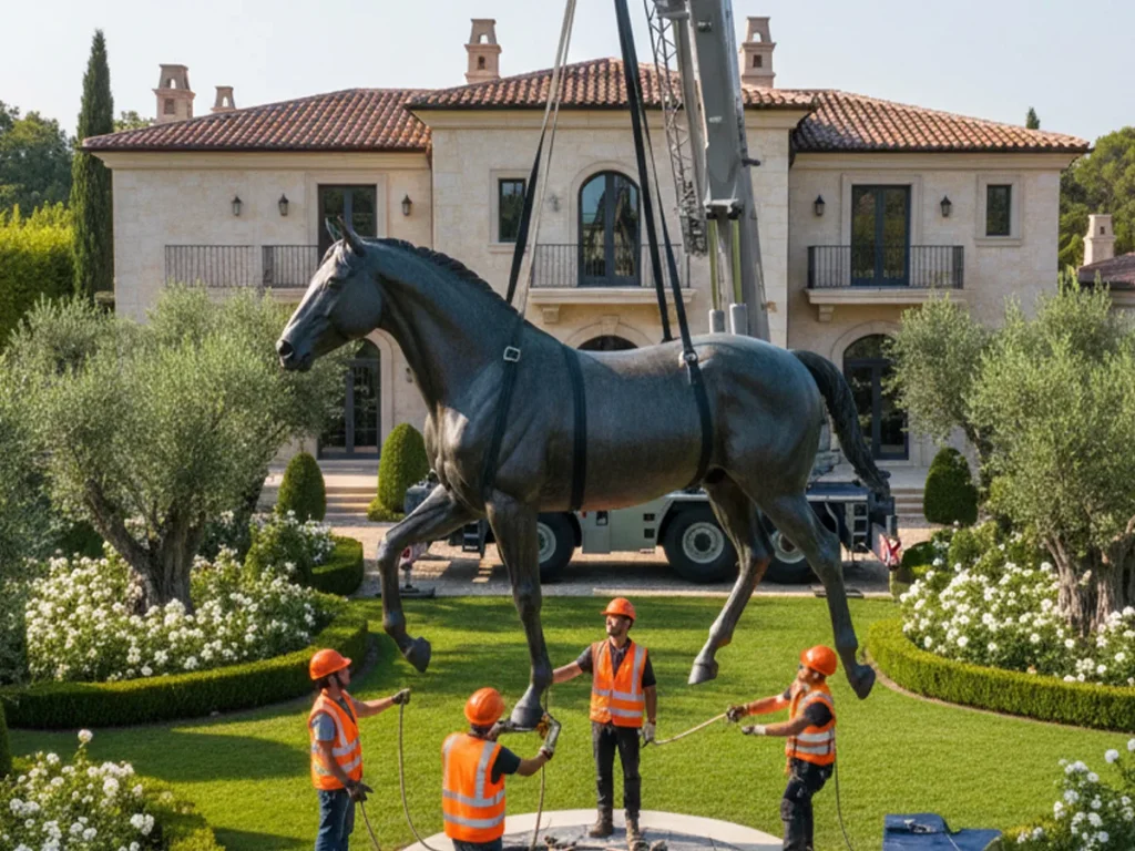 Crane lifting a life size bronze horse statue during outdoor installation at residential garden