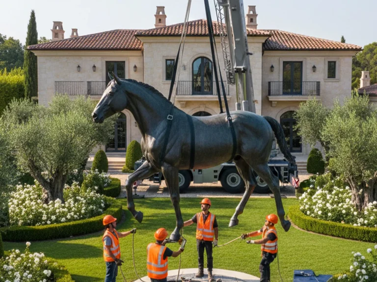 Crane lifting a life size bronze horse statue during outdoor installation at residential garden