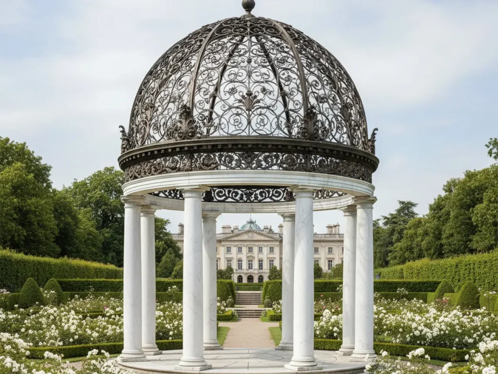 Luxury gazebo featuring ornate wrought iron dome supported by solid marble columns in a high-end estate garden.
