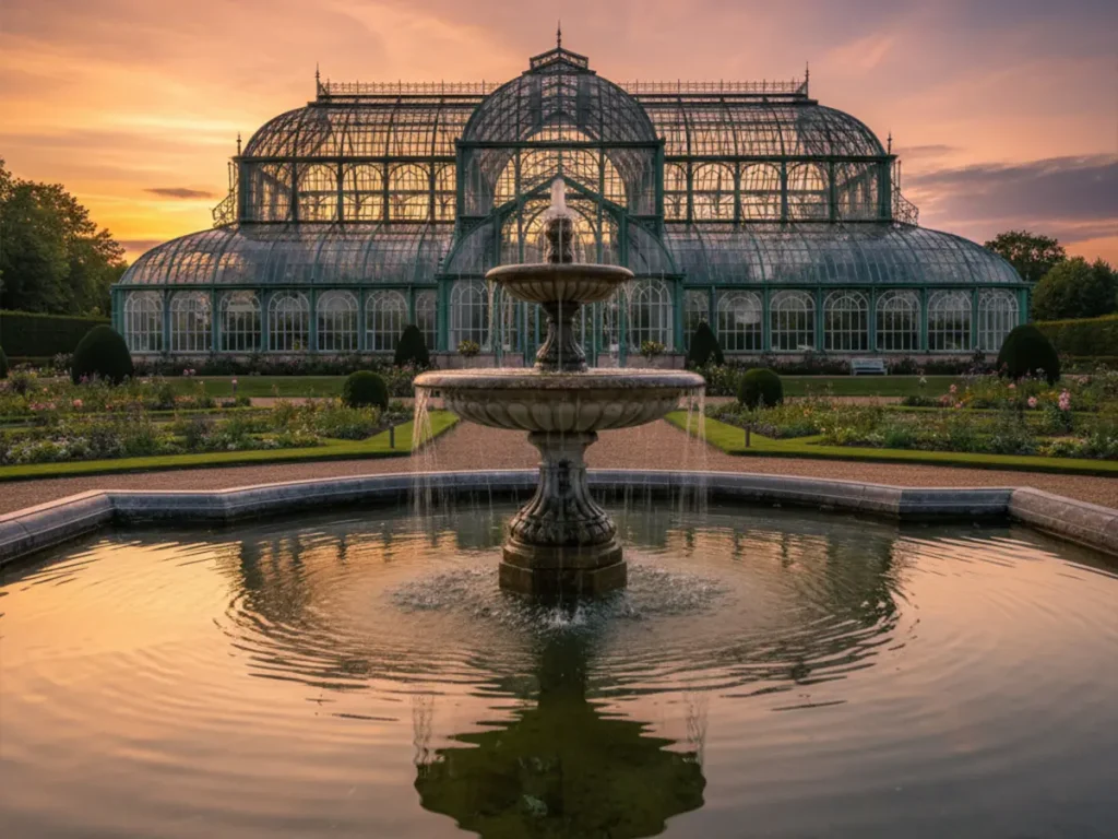 Wrought iron orangery positioned behind a classical marble fountain in a formal estate garden.