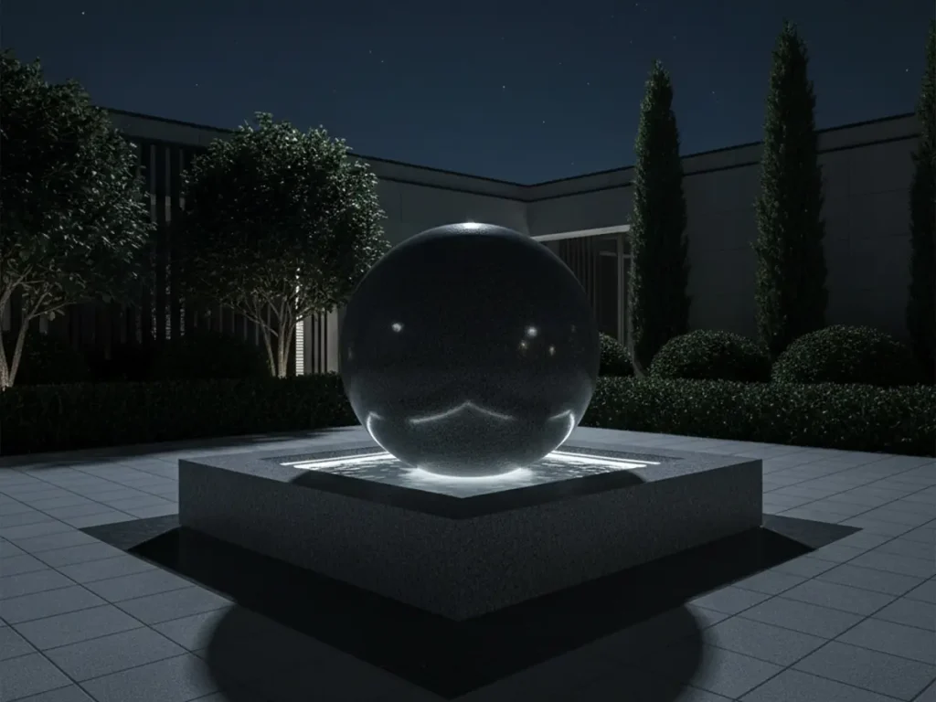 Floating black granite kugel ball fountain illuminated with soft white LED lighting at night in a modern courtyard, sphere rotating on a thin water cushion with dramatic architectural shadows.