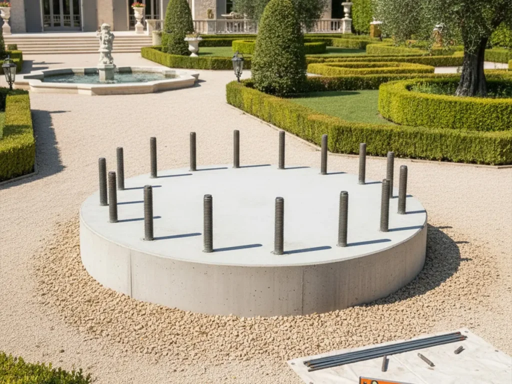 Reinforced concrete foundation with anchor bolts prepared for installing a large horse statue