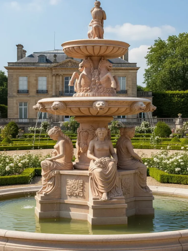 Large hand-carved marble sculpture fountain featuring mythological figures, designed to bring European courtyard elegance to luxury estates.