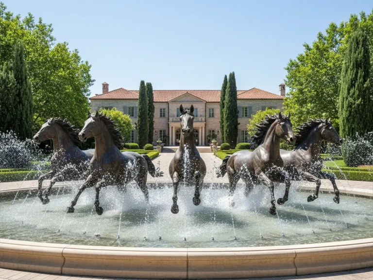 Five life-size bronze horses running through water in a grand estate circular fountain, splashing dramatically under daylight.