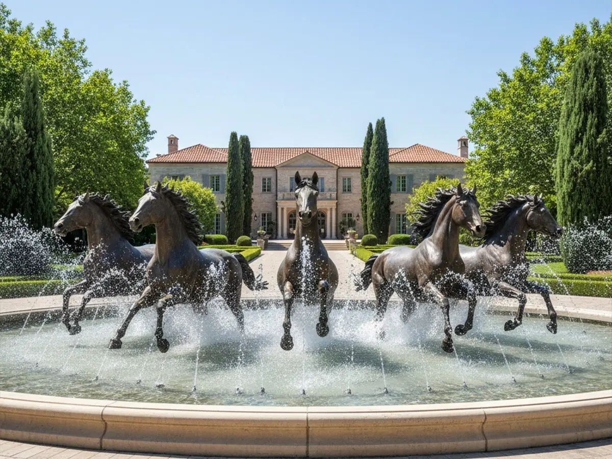 Five life-size bronze horses running through water in a grand estate circular fountain, splashing dramatically under daylight.