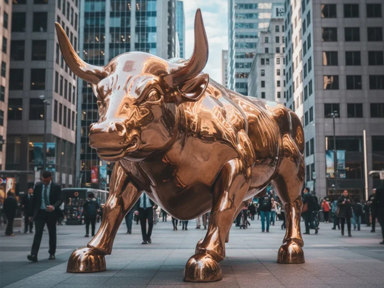 large outdoor bronze bull statue financial district