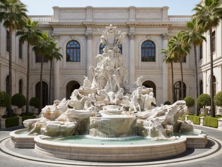 Massive Roman baroque fountain replica fully installed in luxury mansion courtyard with cascading water and symmetrical driveway design