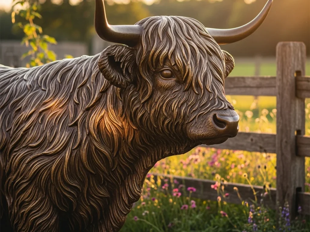 Life-size bronze Highland cow garden statue with detailed windblown fur texture placed in a rustic farmhouse landscape during golden hour sunlight
