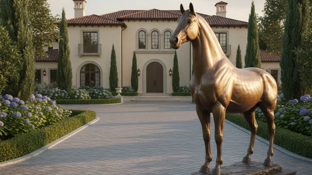 Life-size bronze horse statue installed at a luxury private estate driveway, highlighting scale, craftsmanship, and visual impact.
