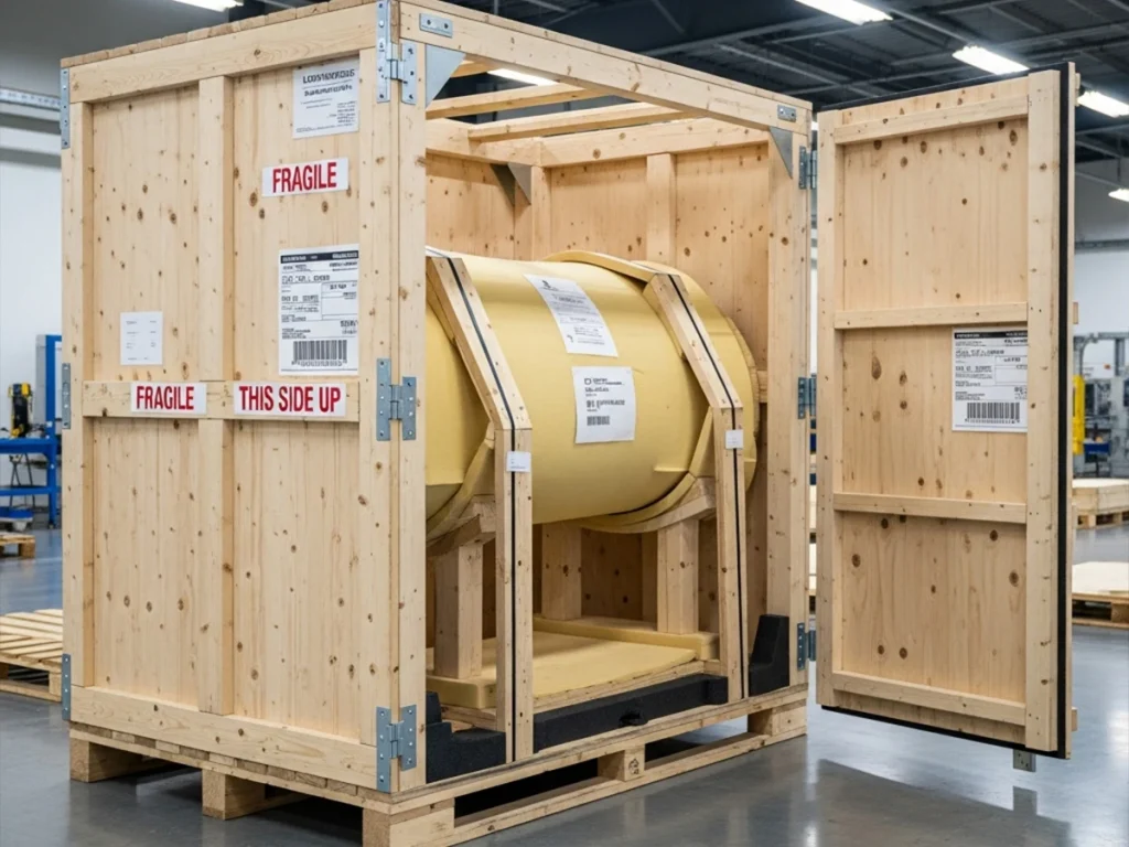 Heavy-duty wooden crate packaging with foam protection designed for safe international shipping of life-size bronze horse statues.
