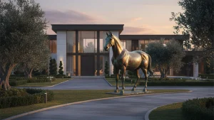 Life-size bronze horse statue installed at the entrance of a luxury estate as an outdoor statement artwork