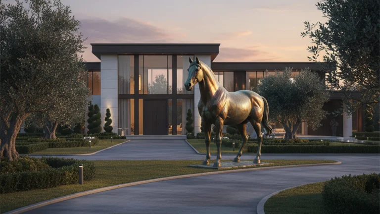 Life-size bronze horse statue installed at the entrance of a luxury estate as an outdoor statement artwork