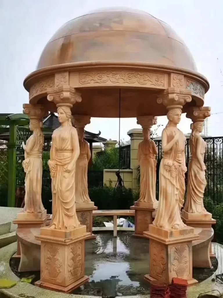 Luxury estate stone pavilion illuminated by soft sunset light, showcasing natural marble texture and classical elegance.
