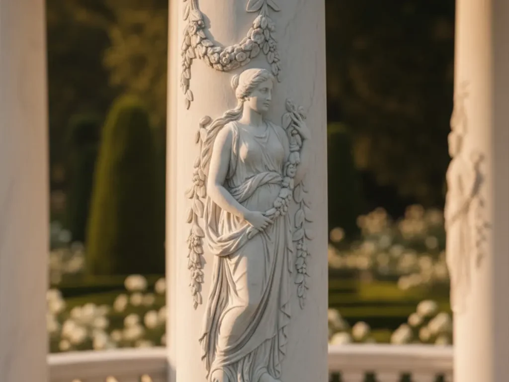 Close-up of deep relief carving on luxury marble gazebo column showing handcrafted stone detail and custom garden architecture quality
