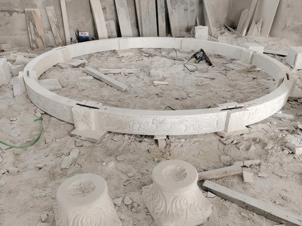 Luxury marble gazebo entablature with deep stone relief carving affecting overall gazebo cost and production time