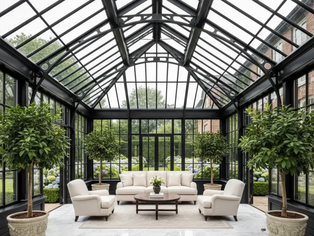 Interior of luxury estate orangery with double pane glass ceiling and steel structure increasing property value
