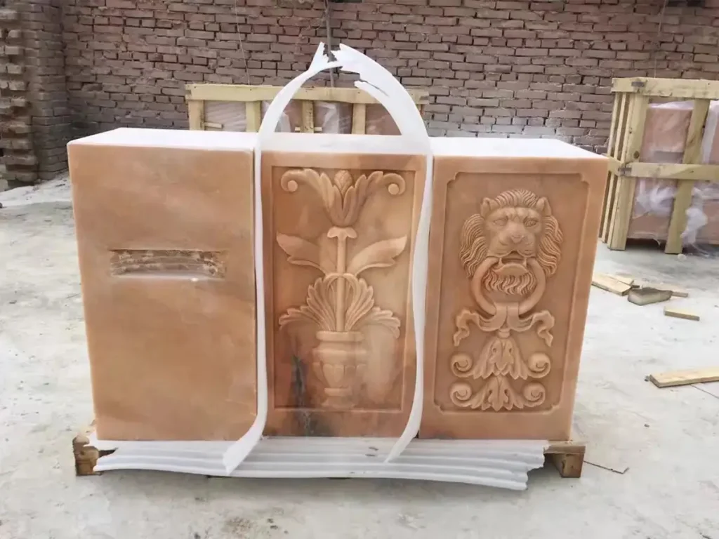 Marble gazebo components securely packed in reinforced wooden crates for international shipping, factory direct export preparation.