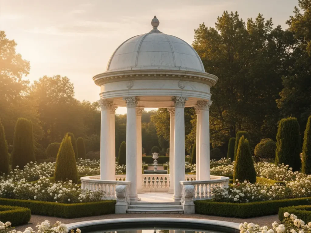 Estate grade 4 meter white marble gazebo with Corinthian columns installed in luxury garden, factory direct marble gazebo price example