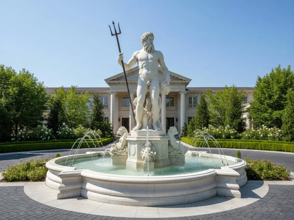 Large marble Neptune fountain centerpiece installed in circular driveway of luxury estate, classical European garden statuary design