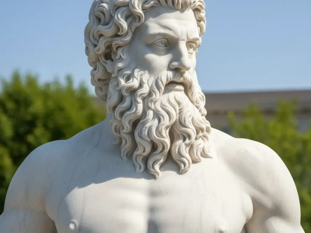 Close-up of marble Neptune statue with refined classical proportions and detailed beard carving in large outdoor fountain