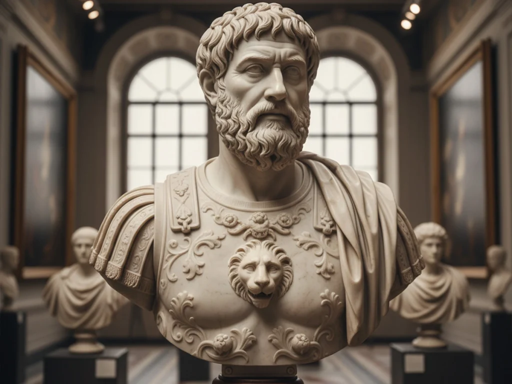 Marble bust sculpture of Roman emperor Marcus Aurelius with stoic expression