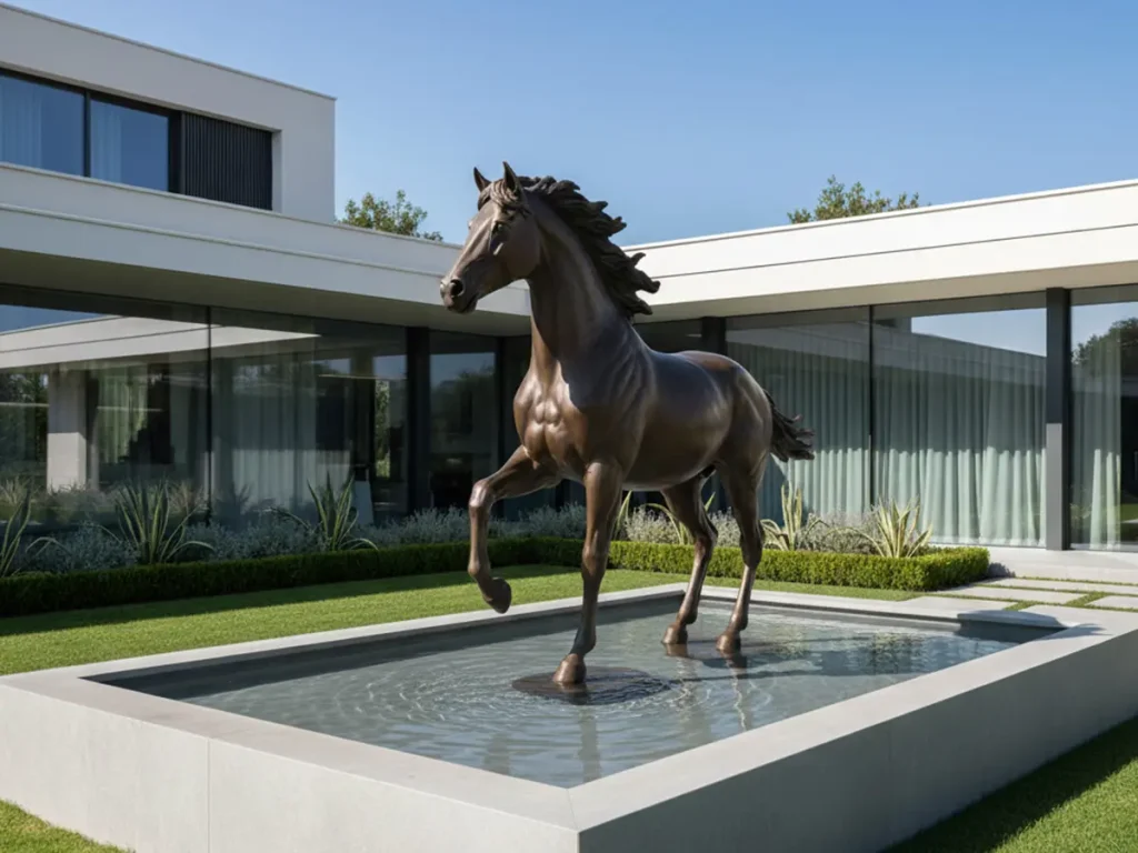 Contemporary bronze horse fountain in a minimalist stone basin, water gently flowing around the hooves in a luxury garden.