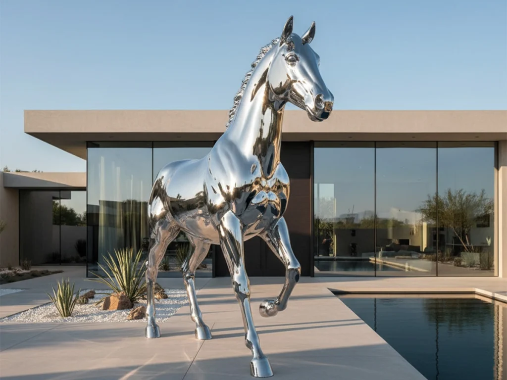 Mirror polished stainless steel horse reflecting modern villa and sunlight, emphasizing scale and luxury