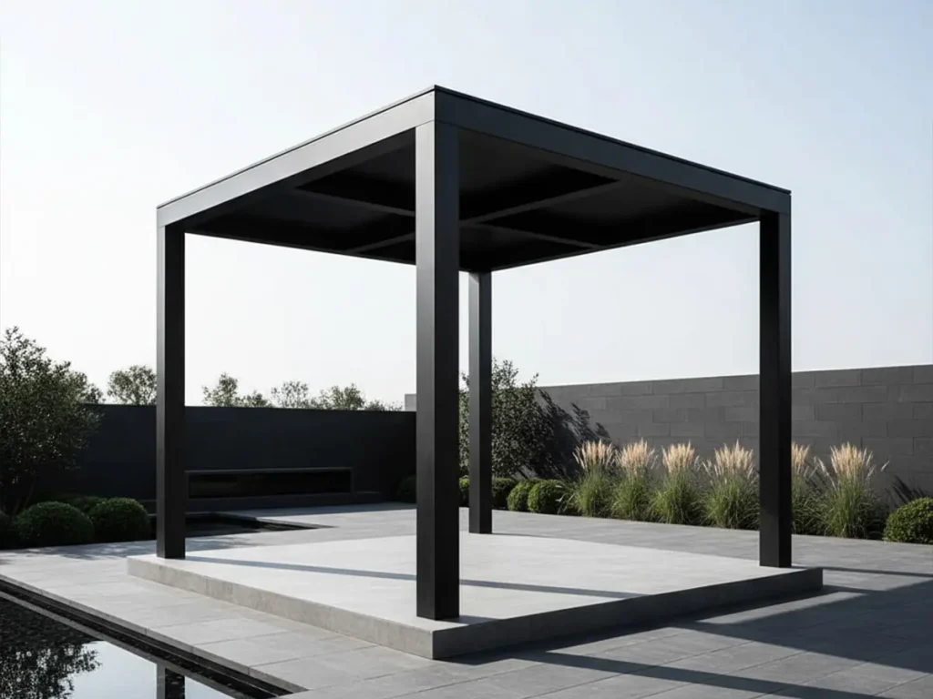 Modern minimalist black iron gazebo with clean geometric lines installed in a contemporary luxury garden.