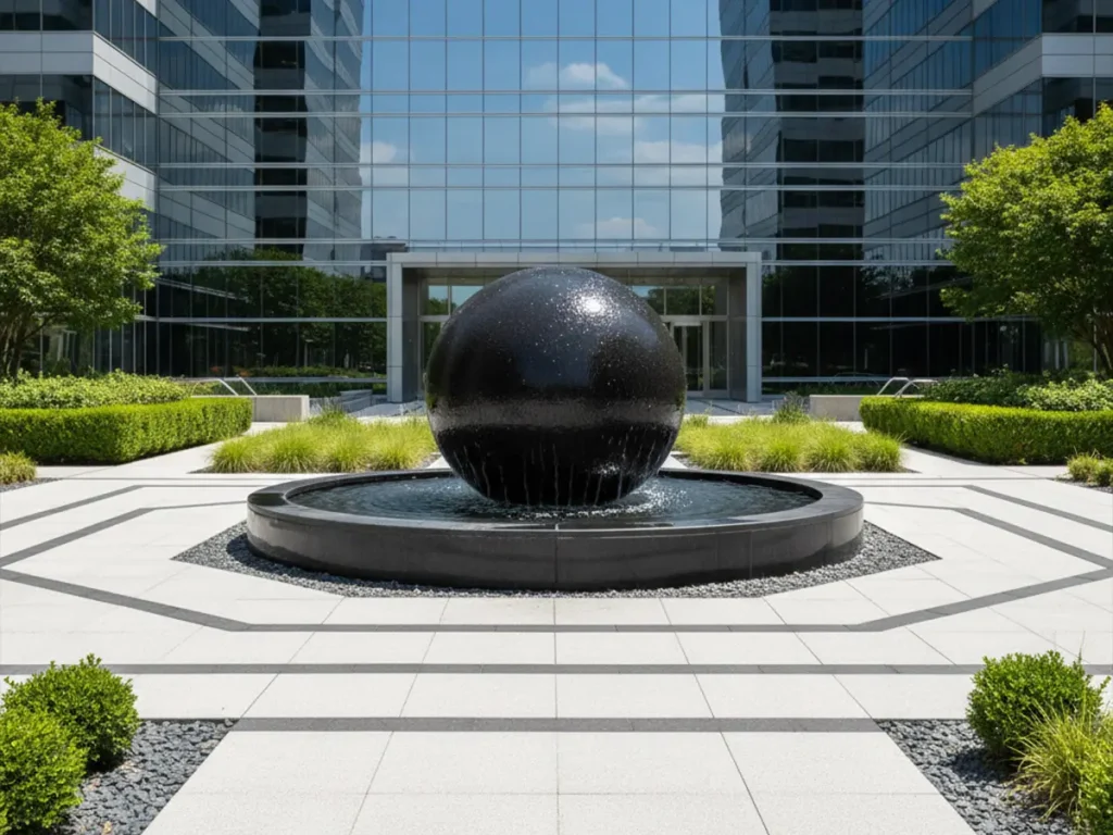 modern corporate plaza rolling sphere water fountain low splash
