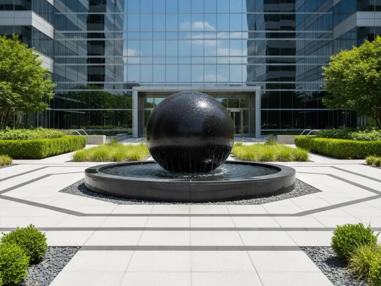 modern corporate plaza rolling sphere water fountain low splash