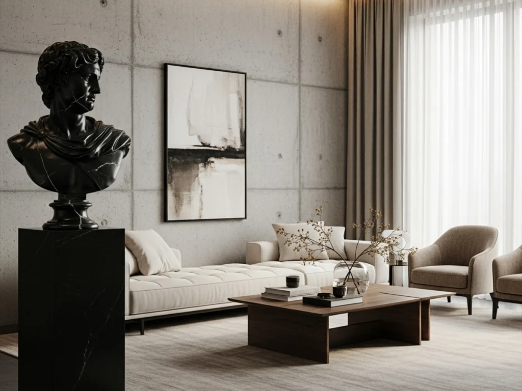 Modern living room interior featuring black marble bust sculpture as focal design element
