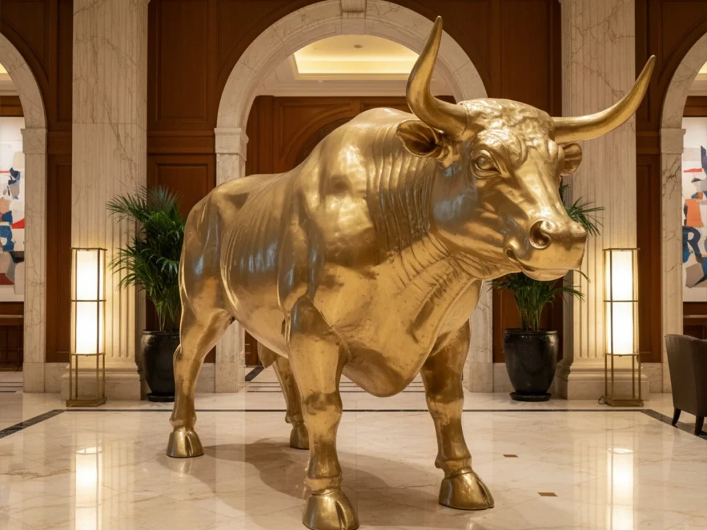 Monumental brass bull statue with satin matte gold finish displayed at luxury hotel entrance interior
