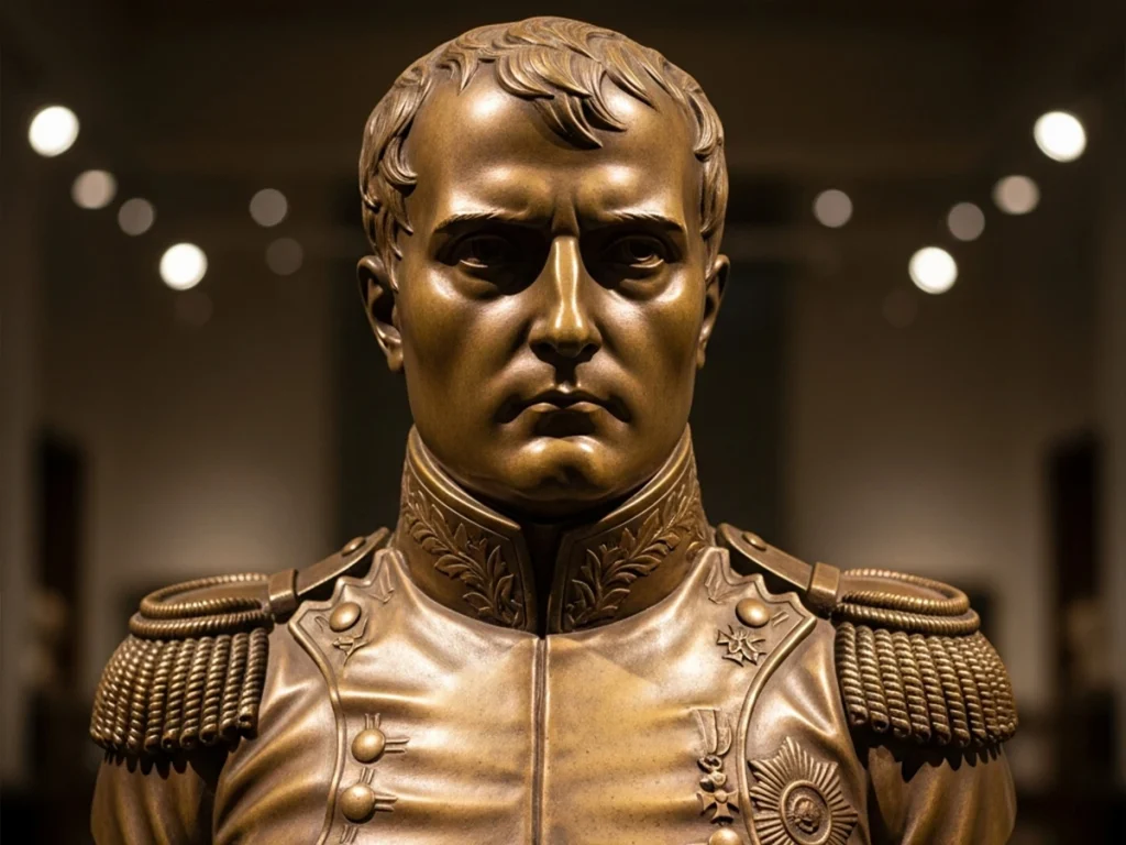 Bronze bust sculpture of Napoleon Bonaparte showing military authority