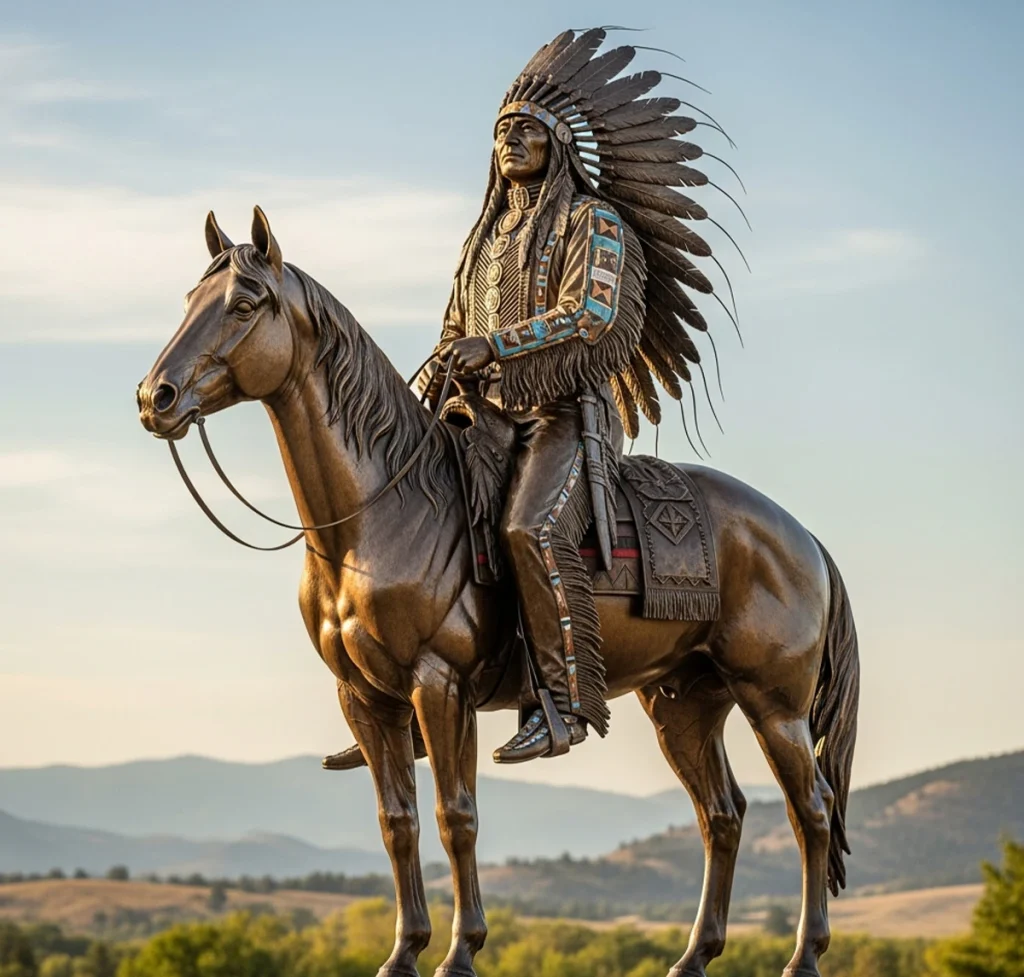 Native American bronze statue on horse with ceremonial regalia and serene posture