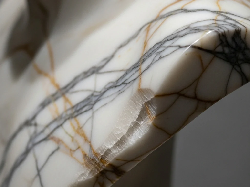 Close-up showing natural mineral veins in hand carved marble bust sculpture